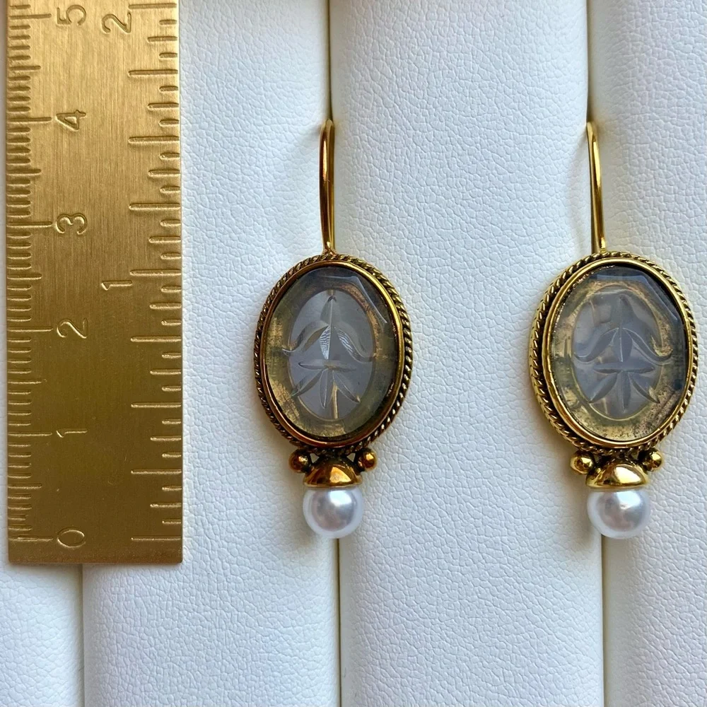 Elegant Gold and oval glass Earrings with Pearl Accent